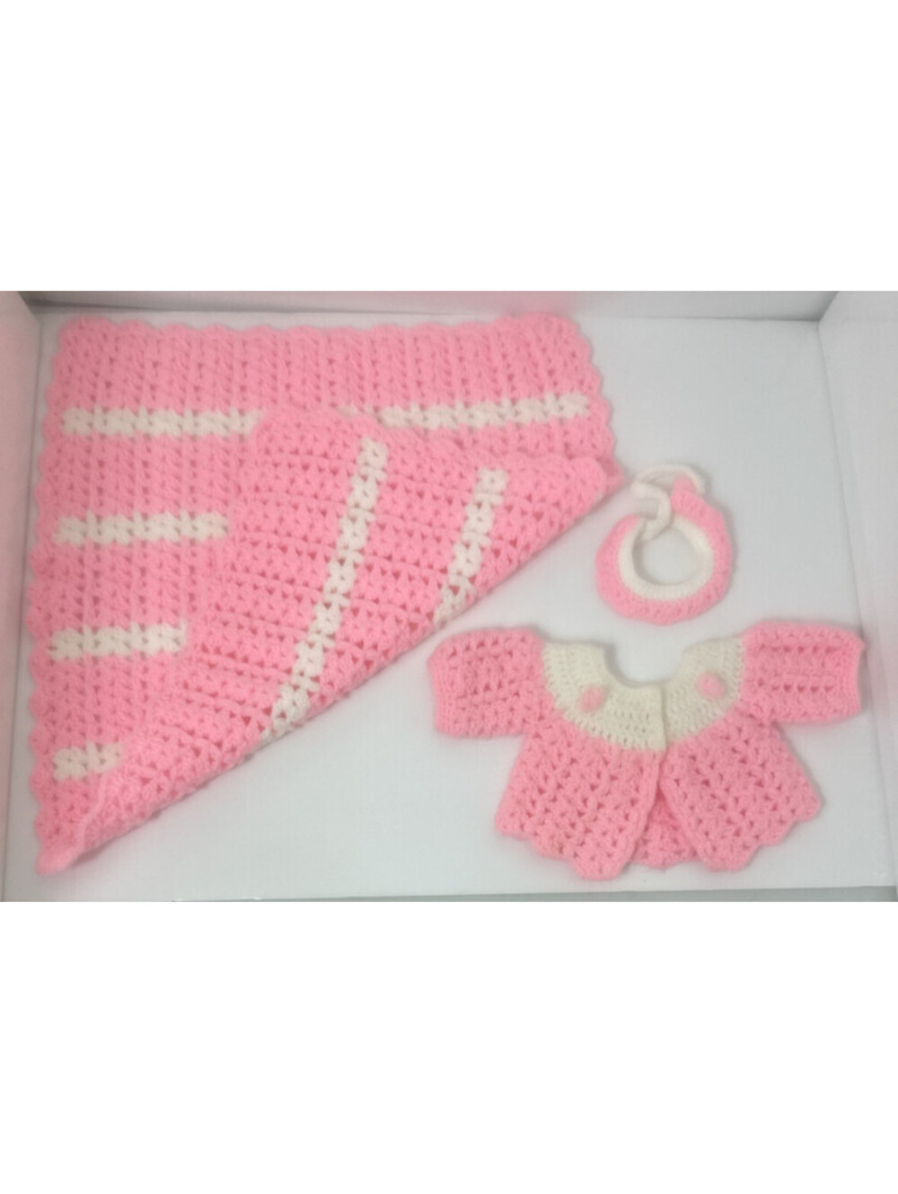 Handmade Crochet Baby Girl Newborn Layette Set Pink White Blanket Sweater 0-3M